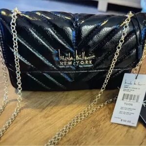 NWT Nicole Miller Black Vegan Leather Quilted Small Handbag Crossbody Gold Chain